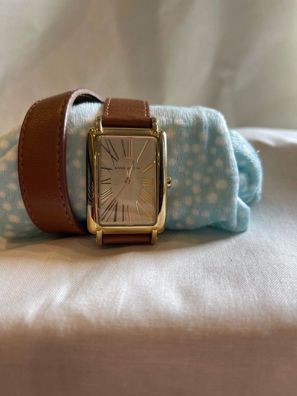Anne Klein Gold-Tone Rectangular Watch with Brown Leather Wrap Strap - Picture 2 of 4